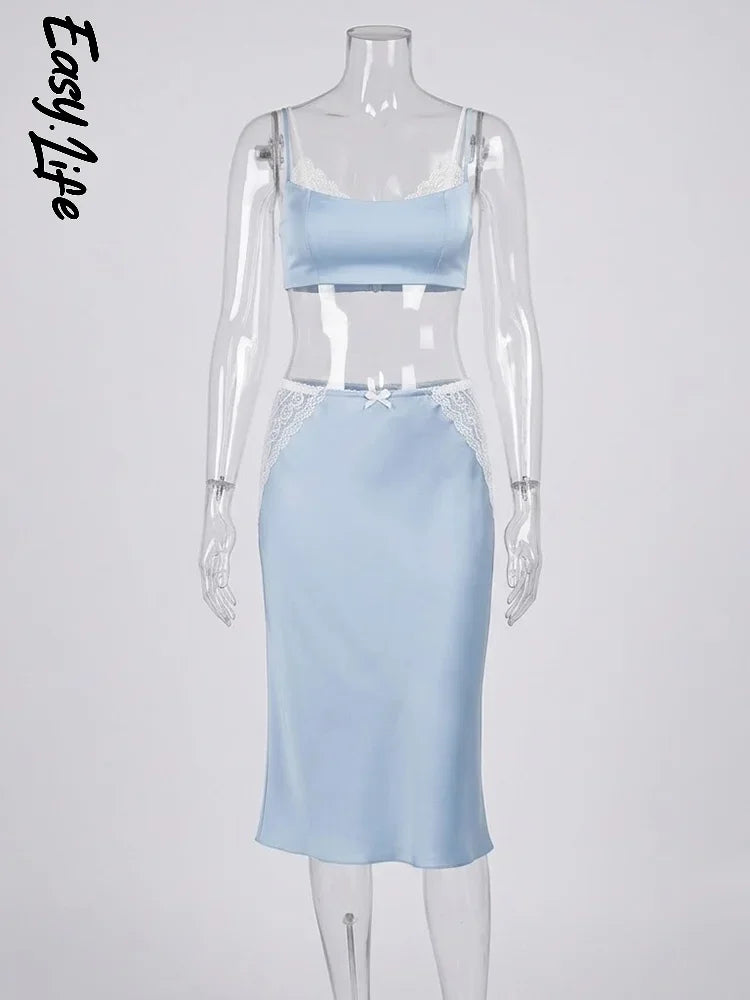 Women Satin Two Piece Set Crop Top Midi Slip Skirt Lace Trim Spaghetti Strap Bodycon 2026 Summer Party Vacation Casual Chic New