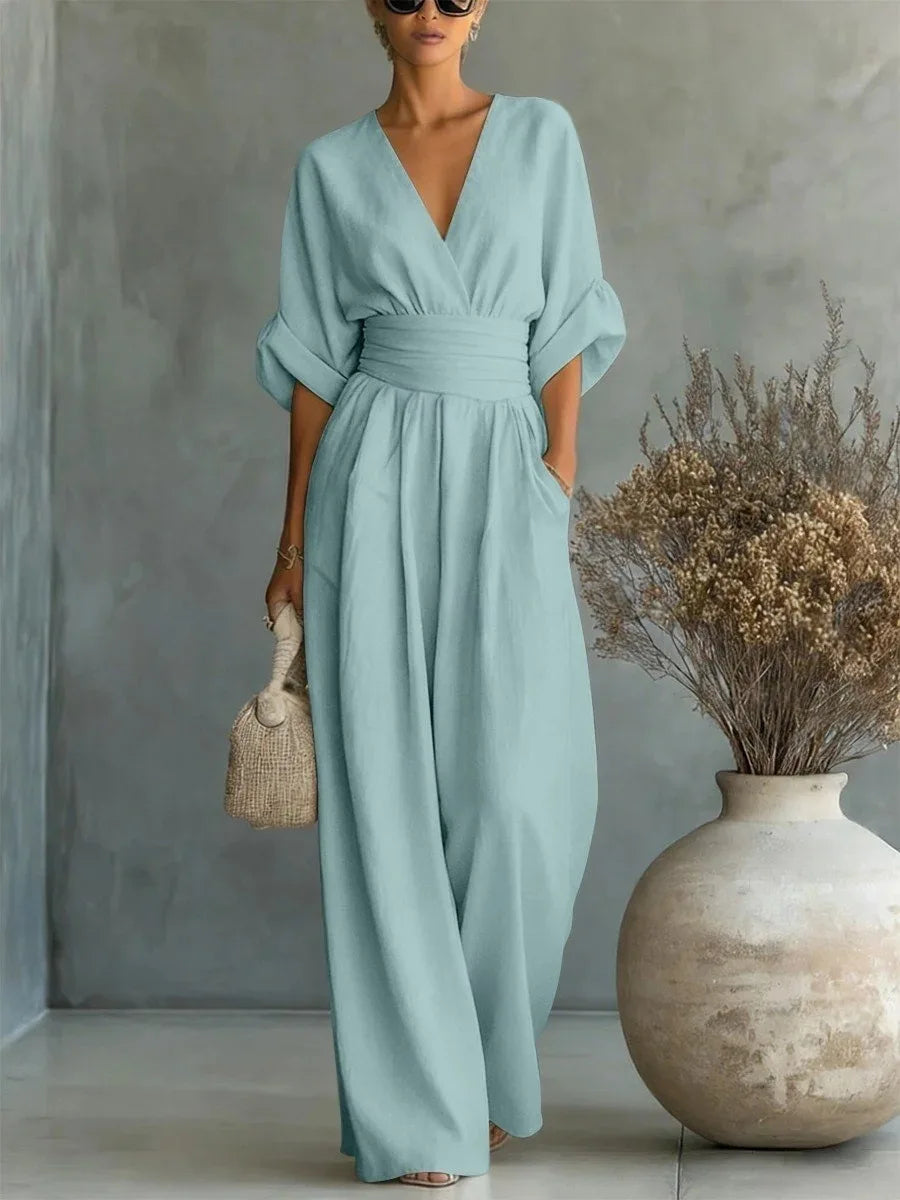 Women's Jumpsuit Fashion High Waist V-neck Jumpsuits for Woman Sexy White Office Wide Leg Trousers Overalls Vacation Outfit New