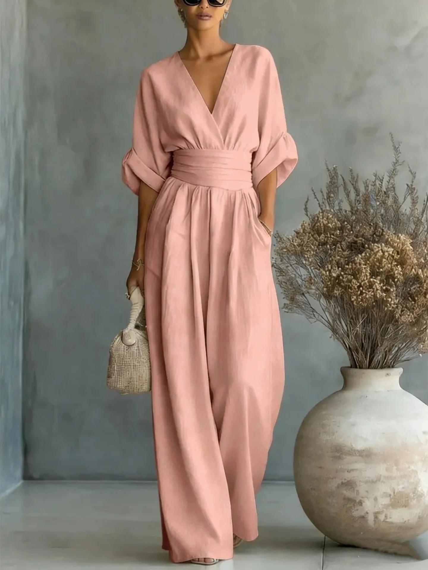 Women's Jumpsuit Fashion High Waist V-neck Jumpsuits for Woman Sexy White Office Wide Leg Trousers Overalls Vacation Outfit New