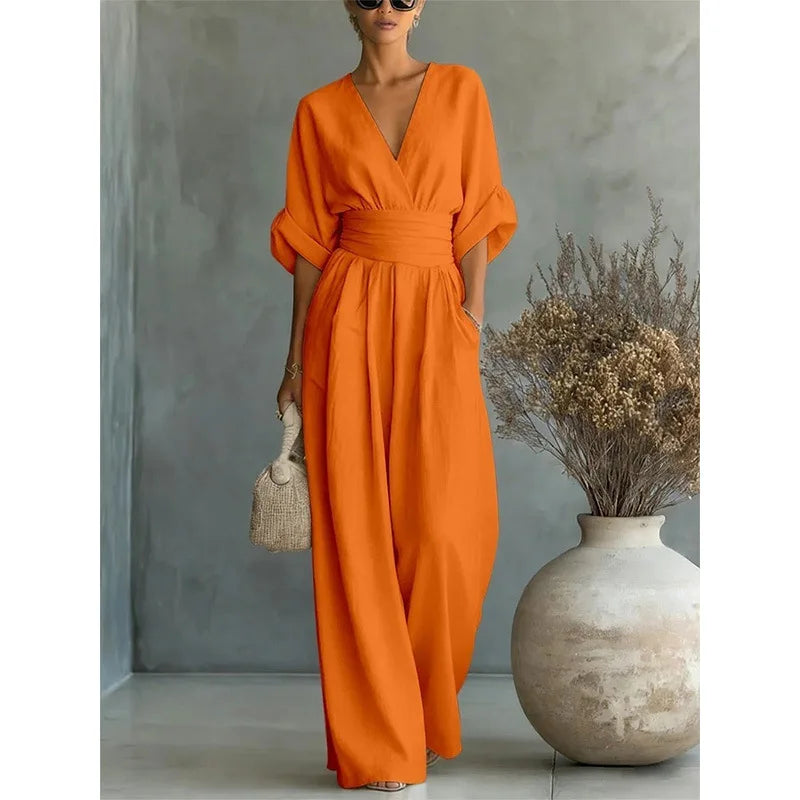 Women's Jumpsuit Fashion High Waist V-neck Jumpsuits for Woman Sexy White Office Wide Leg Trousers Overalls Vacation Outfit New
