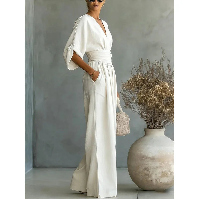 Women's Jumpsuit Fashion High Waist V-neck Jumpsuits for Woman Sexy White Office Wide Leg Trousers Overalls Vacation Outfit New