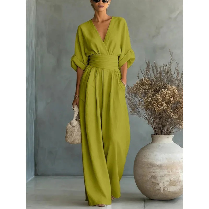 Women's Jumpsuit Fashion High Waist V-neck Jumpsuits for Woman Sexy White Office Wide Leg Trousers Overalls Vacation Outfit New