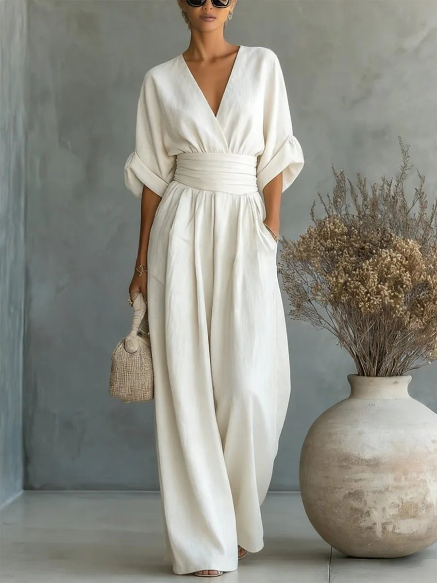Women's Jumpsuit Fashion High Waist V-neck Jumpsuits for Woman Sexy White Office Wide Leg Trousers Overalls Vacation Outfit New