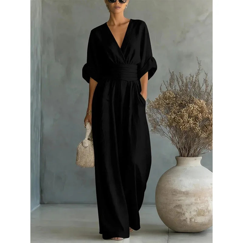 Women's Jumpsuit Fashion High Waist V-neck Jumpsuits for Woman Sexy White Office Wide Leg Trousers Overalls Vacation Outfit New